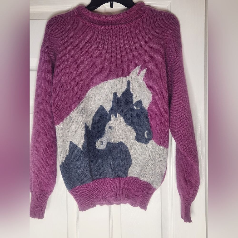 Vtg Kristin by Miller's M 100% WOOL Purple Lgslv HorseFoal Knitted Women Sweater